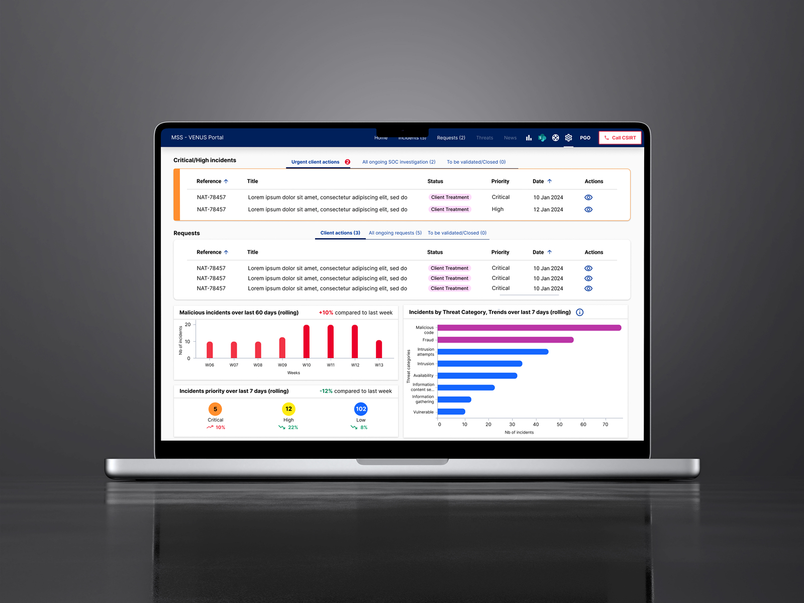 mockup of the SOC Client Portal displayed on a laptop, with neutra gray background